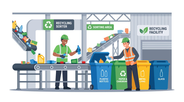 Workers sorting waste at professional recycling facility conveyor.