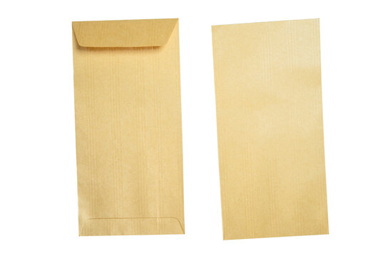 Front and back view of two blank brown kraft paper envelopes isolated on a solid black background, ideal for stationery mockups and correspondence designs