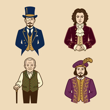 Vector illustrations of male characters wearing historical fashion from different eras
