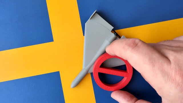 A Shahed drone featuring a prohibition symbol on the Sweden flag, conceptual background for defense