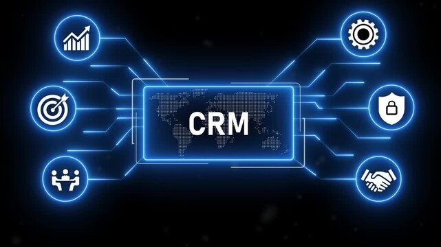 CRM &ndash; Customer Relationship Management software concept.blue Neon digital technology background.4k animation video.