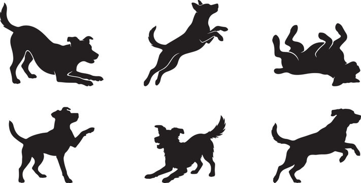 Dog Silhouettes in Playful Running and Jumping Poses on White Background