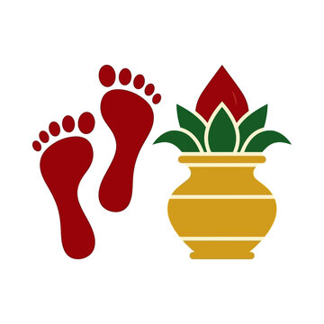 Traditional Hindu symbols of Lakshmi footprints and a golden kalash pot