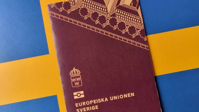 Sweden, swedish passport or id document with tickets for flight, travel, border crossing. Swedish passport and tickets as a background for your design