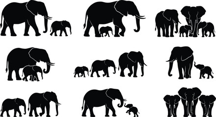 Elephant family silhouette icon set featuring adult–calf pairs and natural group poses © Rubina
