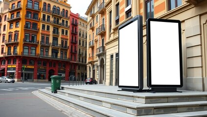 Fototapeta premium A quiet street in a european city with colorful buildings and empty display cases