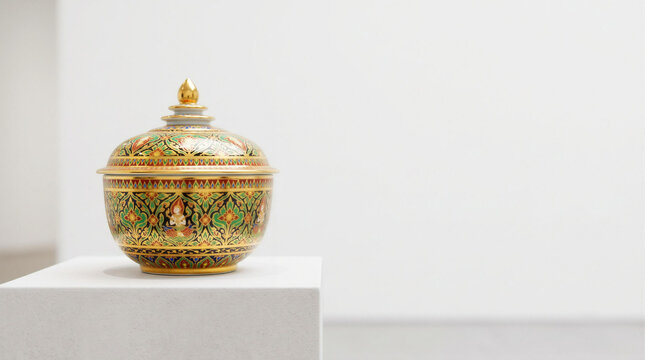 Traditional Thai Benjarong ceramic covered bowl on a minimalist display pedestal with copy space