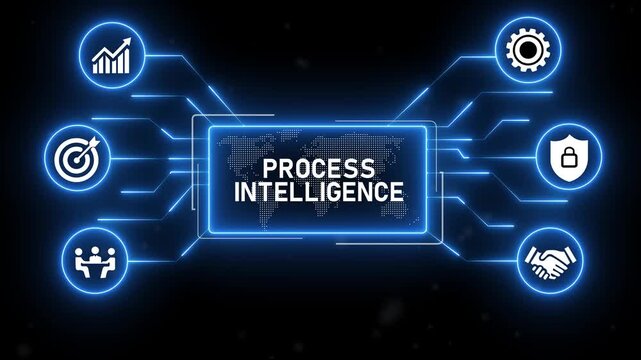 Process Intelligence concept. Monitoring Optimization Process mining Automation Discovery Compliance Analysis Bottleneck detection Prediction.4k animation video.