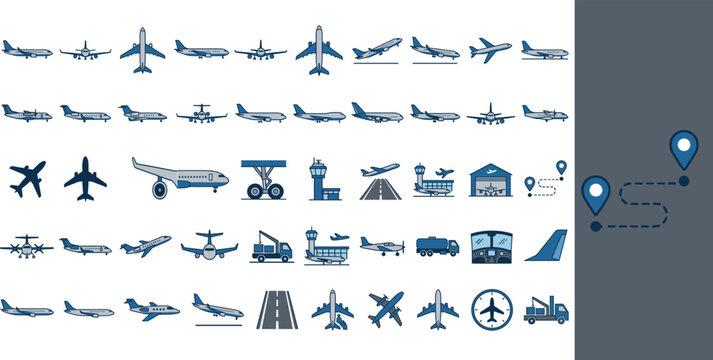 Aviation and airport icon set, 48 blue airplane vector symbols, commercial aircraft and flight logistics elements for travel infographics