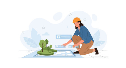 Obraz premium Female Architect Working on a Landscape Design Blueprint with Miniature Trees