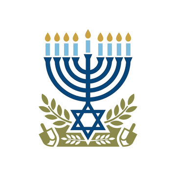 Flat vector illustration of a Hanukkah menorah with olive branches and dreidels