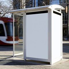 Obraz premium Blank Toronto bus shelter advertising display mockup. Blank white billboard poster display provides copy space at a downtown bus stop
