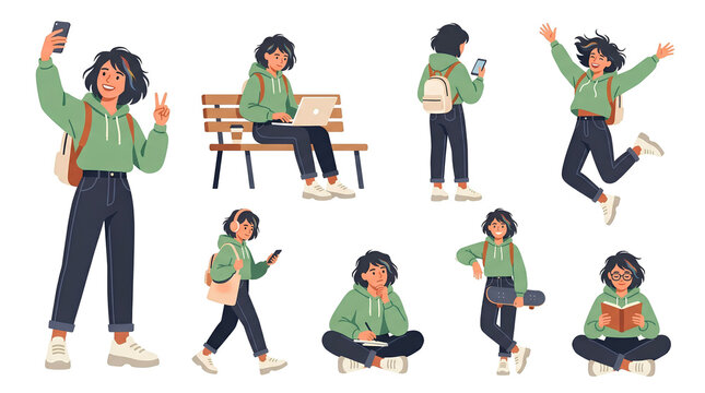 Set of student girl characters in various poses. Young woman studying, walking, and jumping isolated.