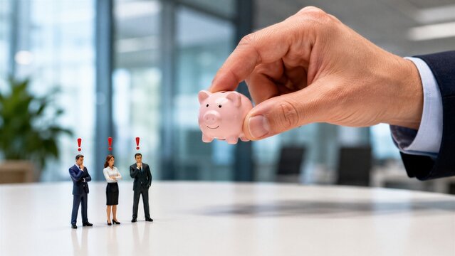 Large hand in a business suit holds a pink piggy bank while miniature professionals react with surprise in an office setting.