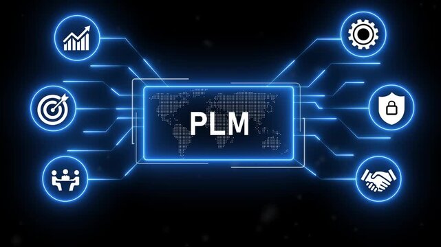 PLM - Product Lifecycle Management concept.futuristic blue technology background.4k animation video.