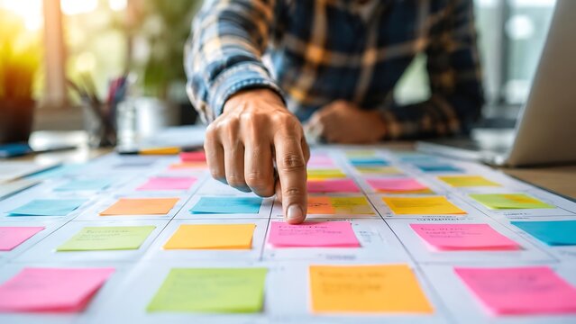Professional designer planning project roadmap with colorful sticky notes on a detailed workspace desk