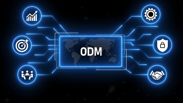 ODM - Original Design Manufacturer concept.Manufacturing, Customization, Prototyping, Assembly, Branding, Intellectual Property.4k animation video.