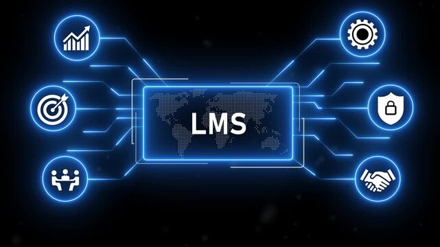 LMS - Learning Management System concept icons set.futuristic blue technology background.4k animation video.