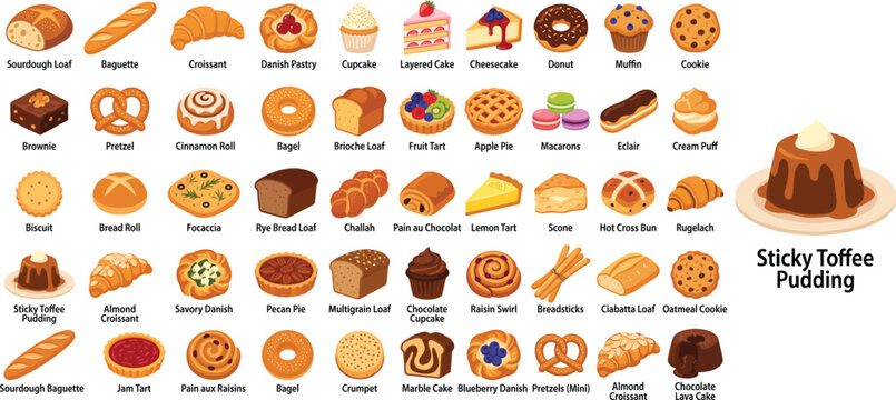 Bakery and pastry icon set with 50 vector elements, assorted bread and dessert collection, sweet cakes and savory baked goods for cafe menus