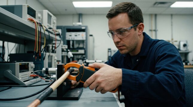 Technician adjusts AConly clamp meter jaws carefully around calibration conductor in a controlled laboratory setting ensuring precise current measurement accuracy.