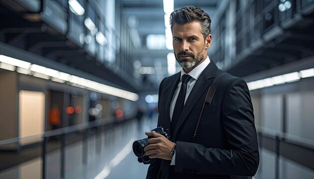 Mature Man In Suit Holding Camera In Modern Subway Station.