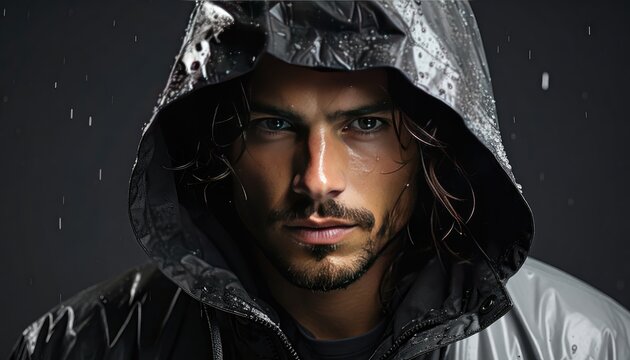 Man in Raincoat Hood Looking Intense in Rainy Weather.