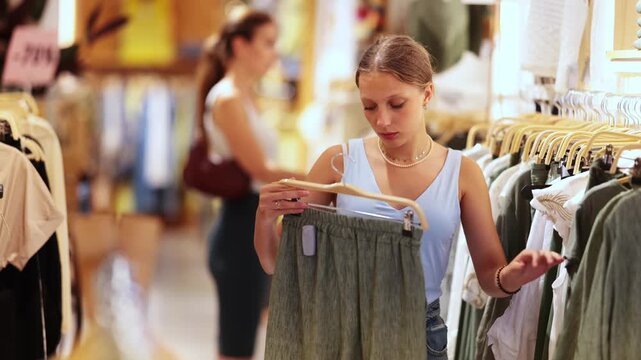 Girl customer chooses green trousers in store, and buyer carefully examines product. Megamall, branded clothing store, franchise. Woman of fashion near showcase chooses summer clothes, examines goods
