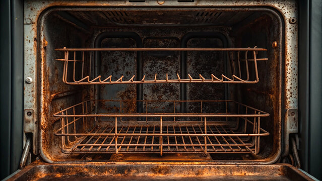 Rusted dishwasher rack showing severe corrosion and wear