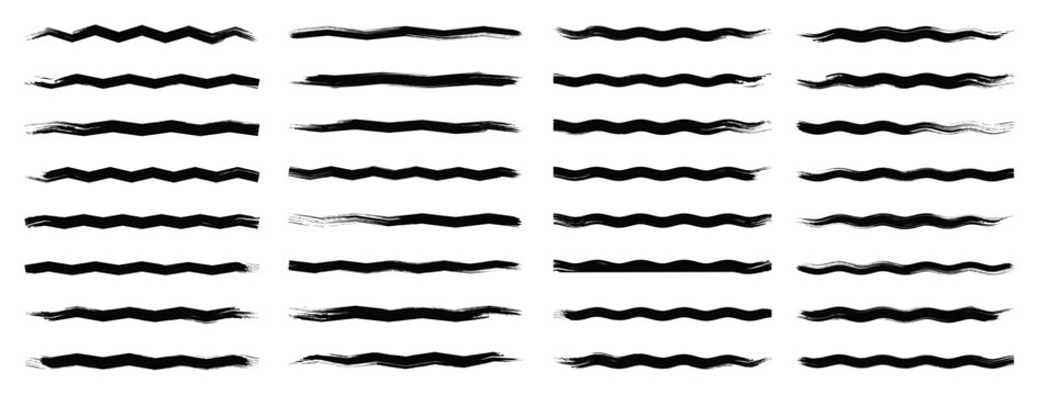 Set of hand painted chalk brushes. Grunge underline chalk with pencil line, Wave, straight, dotted, zigzag lines, crayon drawn lines illustrator brush stroke set. 