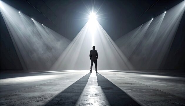 Man Standing Alone Under Dramatic Spotlight in Empty Hall.