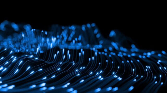 Glowing neon lines and fiber optic data particles flow dynamically in a wave pattern over a dark background. Perfect for visual representations of big data processing, artificial intelligence 3