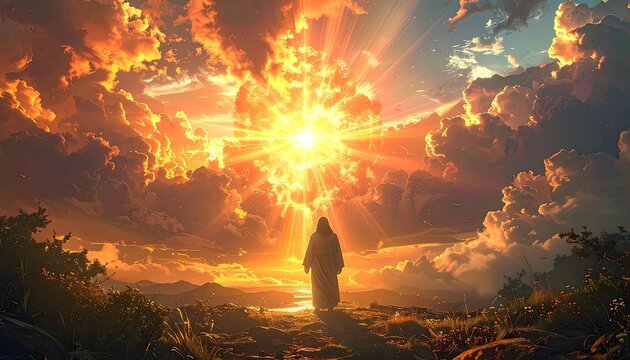 Man Standing Before a Blazing Divine Sunburst in a Dramatic Sky.
