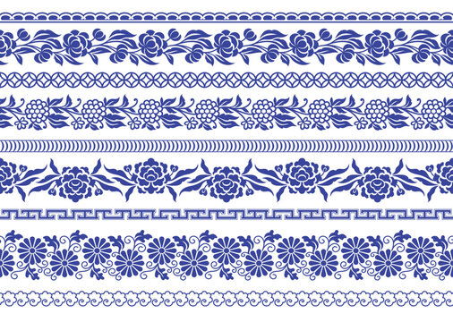 Chinese porcelane seamless borders vector set.