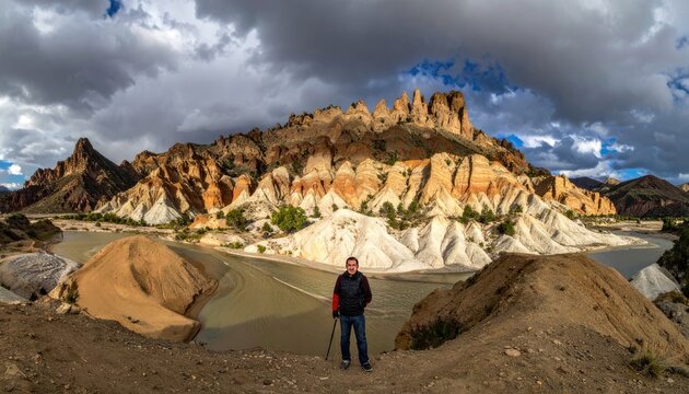 Man Standing in Colorful Desert Landscape with Dramatic Clouds.
