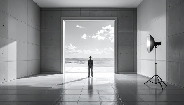Man Standing in Open Doorway Looking at Ocean Horizon.