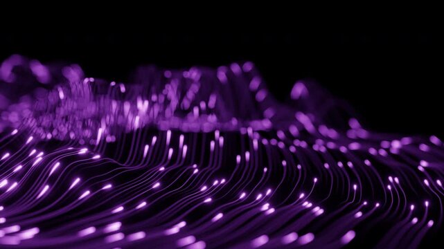 Glowing neon lines and fiber optic data particles flow dynamically in a wave pattern over a dark background. Perfect for visual representations of big data processing, artificial intelligence 1