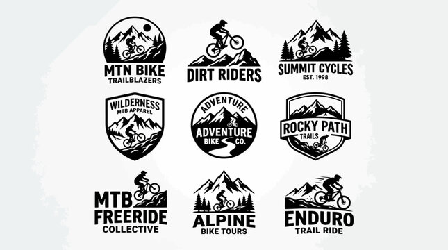 Mountain Bike Logos: Adventure, Dirt Riders, Summit Cycles, Wilderness, Rocky Path, Alpine, Enduro Trail Ride