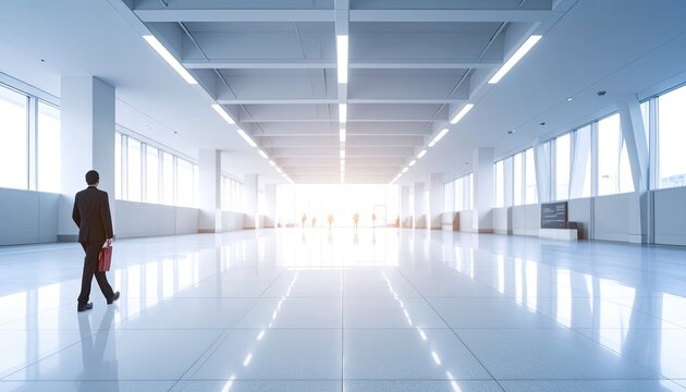 Man Walking Down Bright Modern Office Hallway Towards Light.