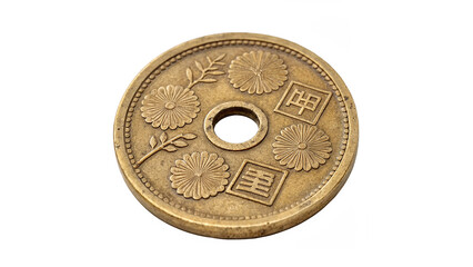 Vintage Japanese 5 sen brass coin with center hole isolated on transparent background © Lobov