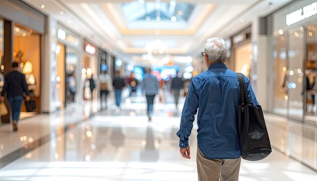 Man Walking Through Modern Shopping Mall with Stores and Shoppers.
