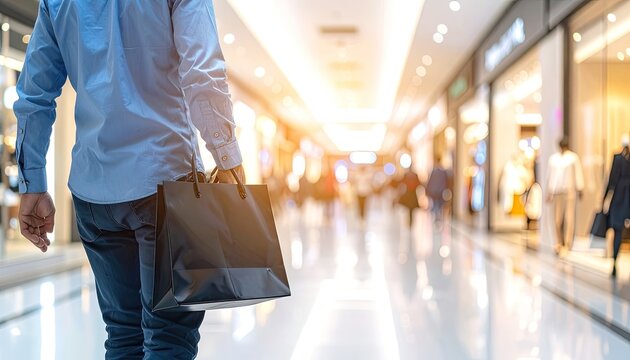 Man with Shopping Bag in Brightly Lit Mall Corridor.