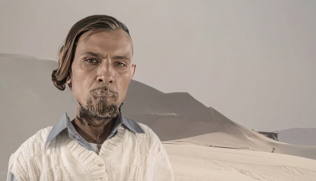 Man with unique hairstyle and beard in a desert landscape.