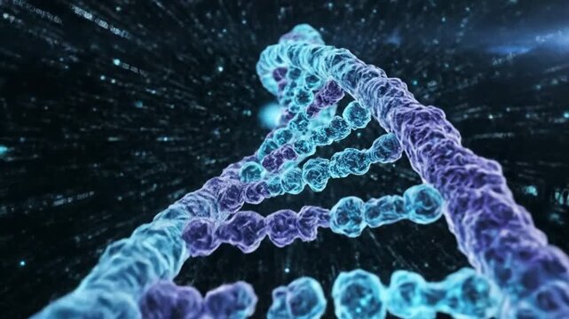 Cinematic 3D Animation of DNA Double Helix Molecule Rotating in Digital Space