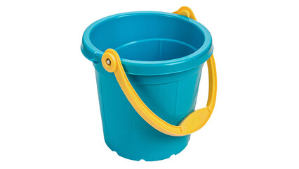 Bright blue plastic toy bucket with yellow handle isolated on transparent background © Lobov