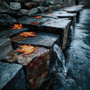 Detailed view of stone fountain and autumn maple leaves