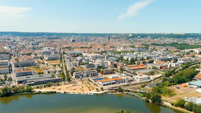 Nancy, France. Panorama of the central part of the city. Summer, Sunny day. Drone footage