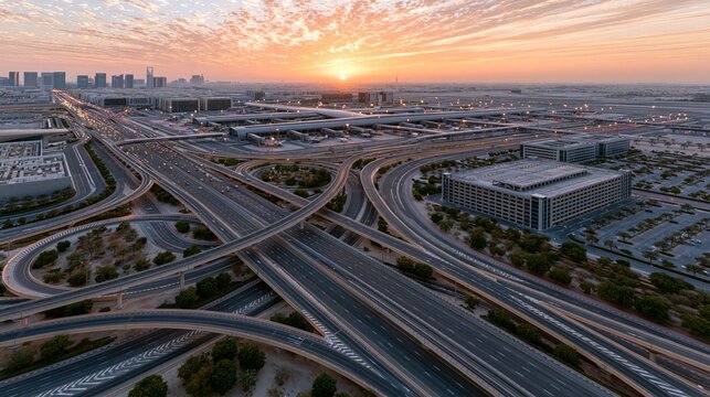 Aerial view of a complex highway interchange at sunrise with airport in background