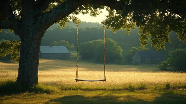 A wooden swing hangs under an ancient tree, overlooking a sunlit field, cabins