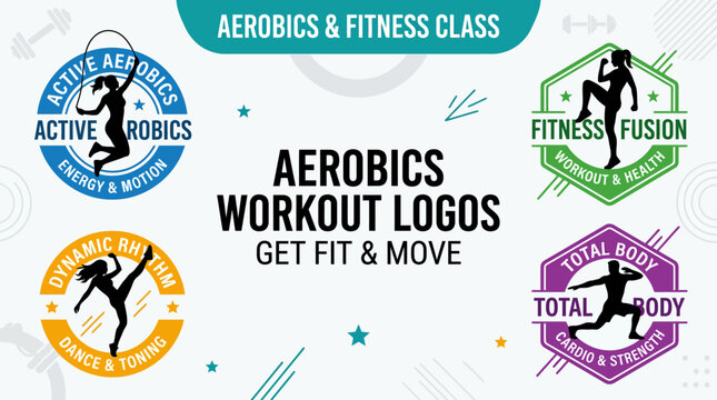 Aerobics Workout Logos and Icons: Fitness Class, Energy, Motion, Dance, Toning, Strength, Health - Vector Graphics