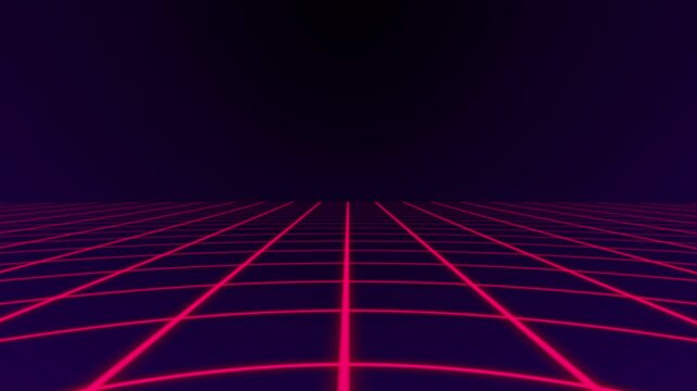 
3d perspective grid curved lines loop animation retro abstract technology background, gradient background with animated waving red wireframe grid line.